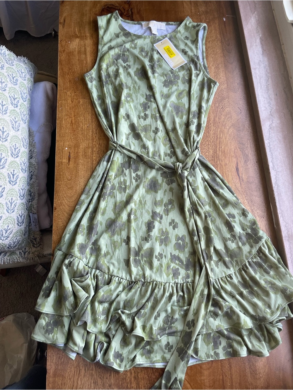 Michael Kors Light Green Floral Tie-Waist Ruffle Mini Dress